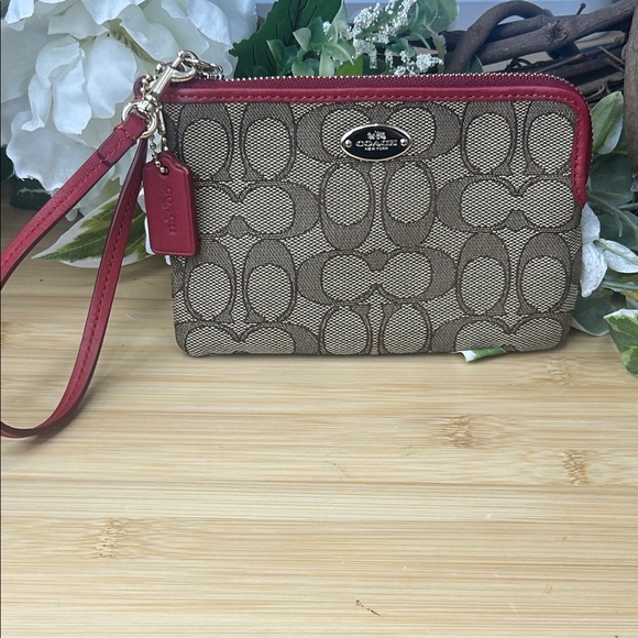 Coach Signature Brown and Red Wristlet - Picture 3 of 12